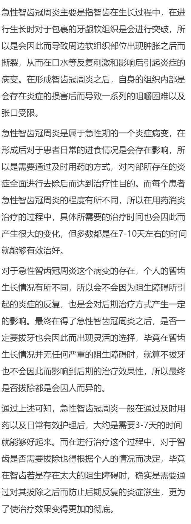 急性智齿冠周炎一般要几天才能好?